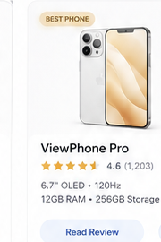 ViewPhone Pro product card with best phone badge, rating, specs, and read review button